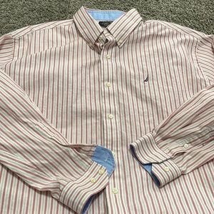 Nautica Dress Shirt Mens Classic Fit‎ Size17 1/2 34/35 striped White/Salmon